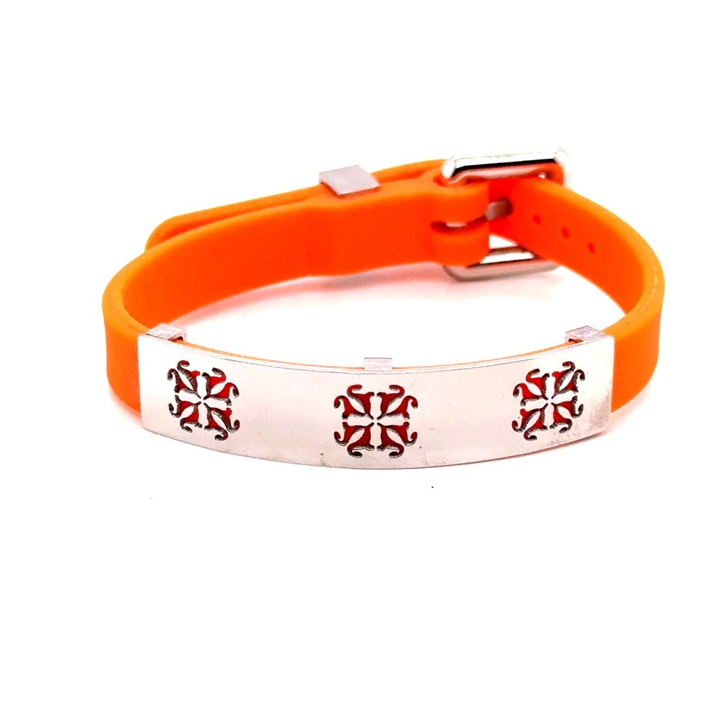 Rustic Cuff Orange Silicone Buckle Bracelet Silver Tone Logo Plate Adjustable